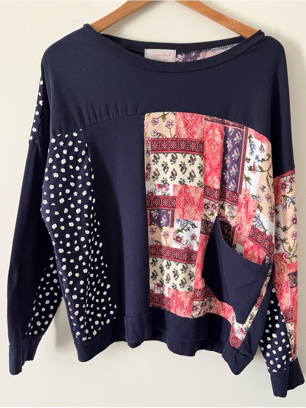 Sugarfox Navy Patchwork Floral Cottage Grandma Ditsy Artsy Mixed Print Long T